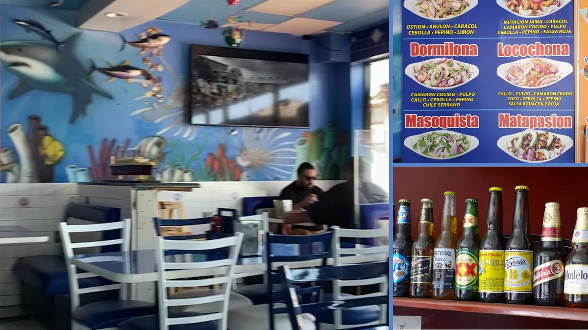 Colorful seafood plates on a casual restaurant table.